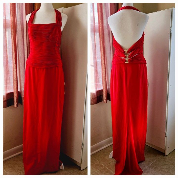 Size 10 Niteline Della Roufogali Red Halter Strap Ruched Bodice Elegant Formal Evening Gown Prom Dress with Gold Rhinestoned Buckle Accents on the Bac