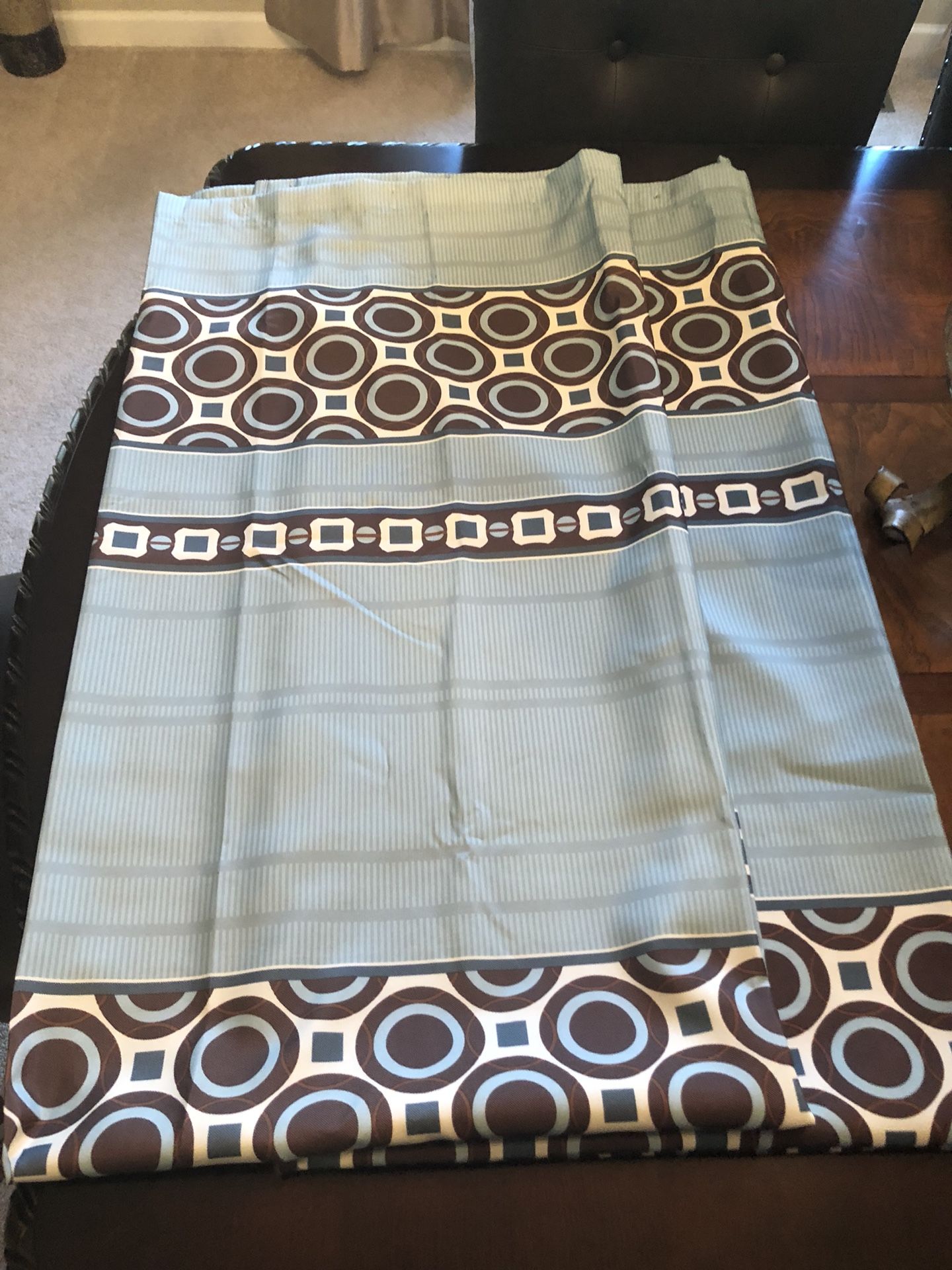 2 Teal/Brown shower curtains and sheer curtains