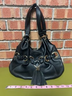 Michael Kors Vintage Black Leather Satchel Shoulder Handbag with Grommet/Tassle