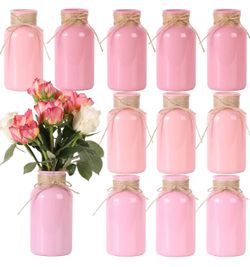 12 Pack Mason Jar Vases for Centerpieces, Pink Glass Flower Vases Vintage Farmhouse Rustic Mason Jars with Twine – Wide Mouth Bulk for Wedding, Baby S