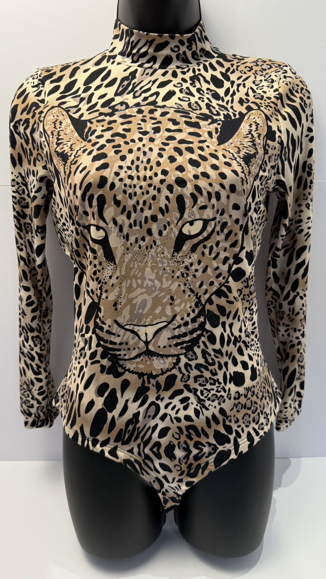 Leopard Print Bodysuit – Long Sleeve, High Neck, One Size, Stretchy