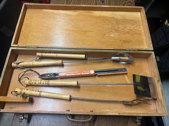 Vintage Androck 5-Piece BBQ Tool Set with Wooden Case – Made in USA – Mid-Century