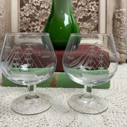 Pair Of Bar Glasses With Ship Etching 