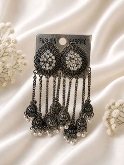 Black Dangle Earrings with Rhinestones and Chains