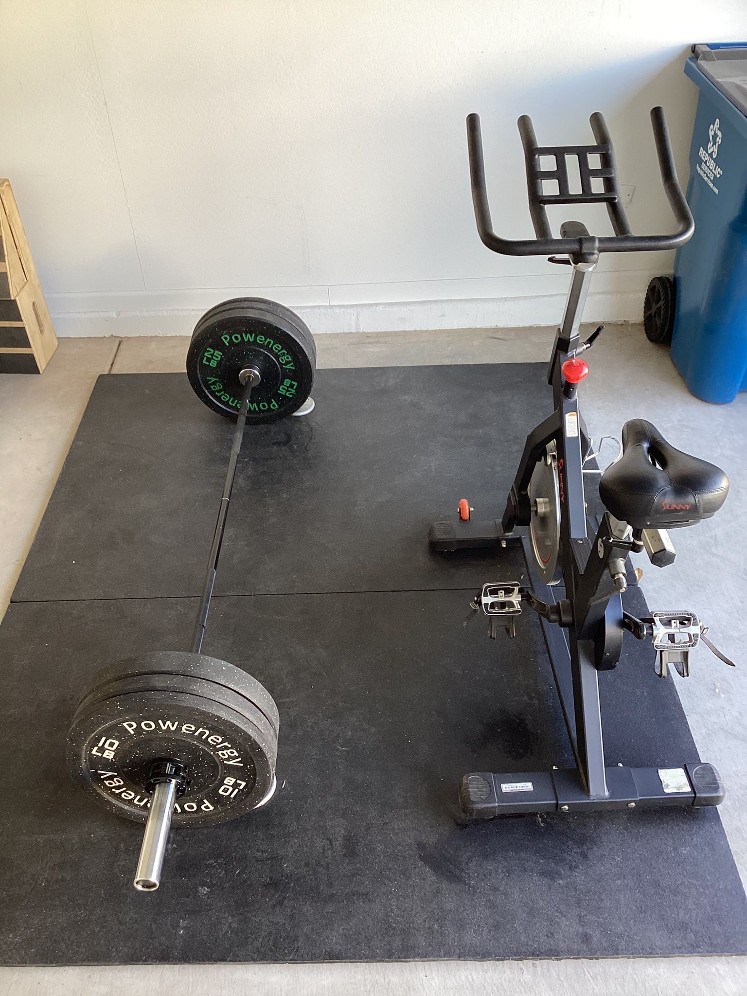 Gym Equipment: Spin Bike, Olympic Barbell + Bumper Plates, Utility Rubber Stall Mat