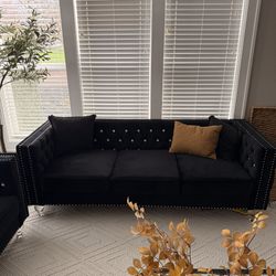 Velvet Loveseat with Buttons and Square Arms 59 Inch Tufted Sofa with Trimmed Nailhead and Metal Legs Loveseat