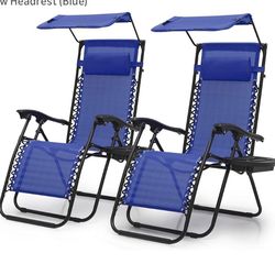 Zero Gravity Chair with Canopy Set of 2, Reclining Outdoor Patio Lounge Chair, Folding Anti Gravity Recliner, Portable Lounger with Removable Cup Hold
