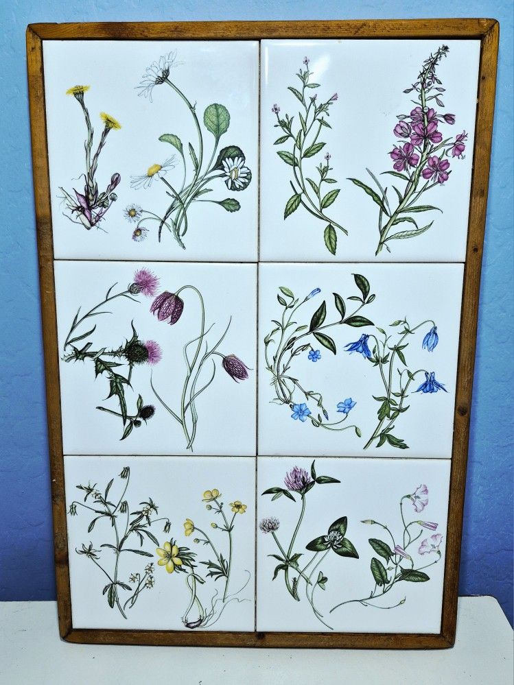 Vintage Wildflower Framed Art Ceramic Tiles 6 Block