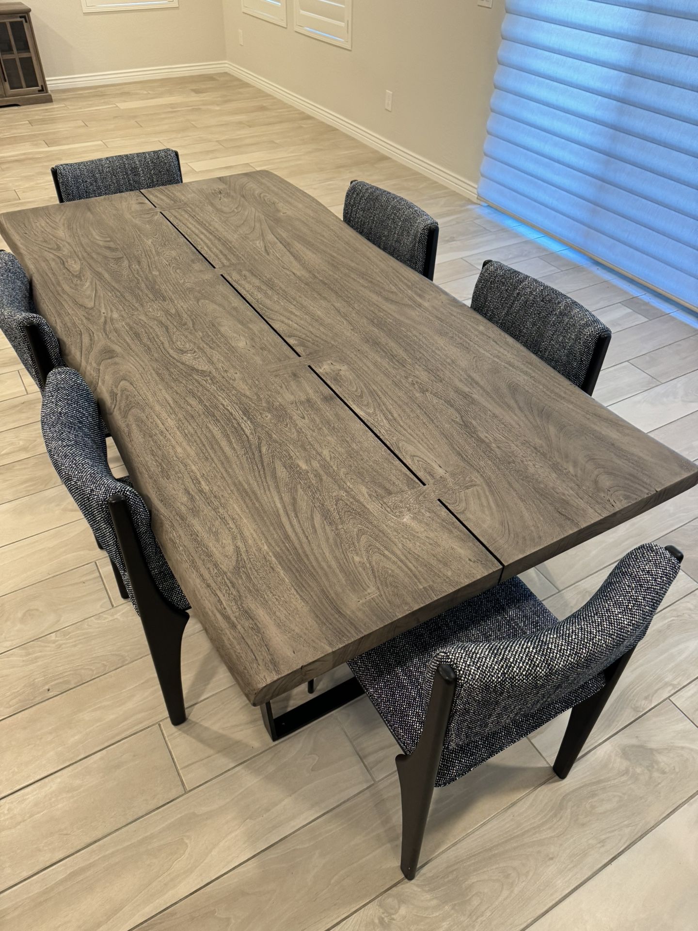 Crate and Barrel Yukon 80" Weathered Grey Live Edge Solid Wood Dining Table and six chairs