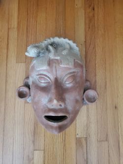 Vintage Mexican Terracotta Wall Mask: Human Face, Ear Spools, Lizard Dragon