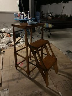 Antique French provincial country, oak wood folding library step ladder