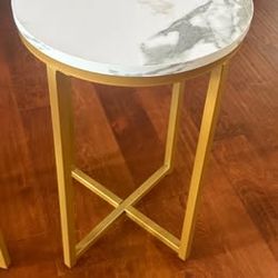Pair of Gold & White Marble-Look Accent Tables