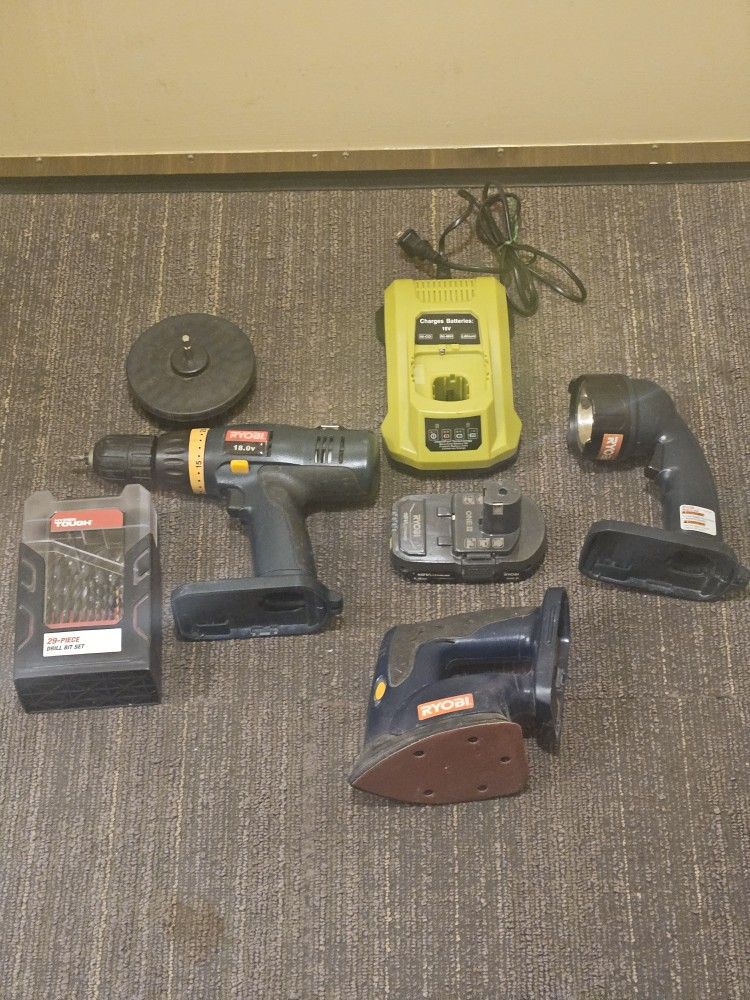 Ryobi Drill Driver, 18V Swivel Head Flashlight, Corner Cat Sander, Battery Charger w/Battery, 2 Bits