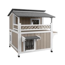 29″L Two Story Wooden Feral Cat House Outside with Balcony