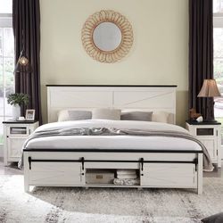 Farmhouse Oueen Bed Frame with Storage | Sliding Barn Doors Wood Slats I White or Black