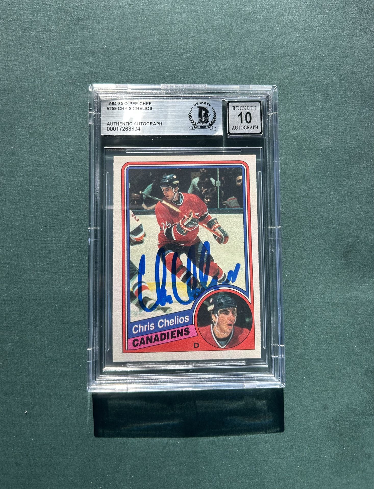 1984-85 OPC #259 Chris Chelios rookie card signed. Beckett Authenticated "10" Autograph. Negotiable