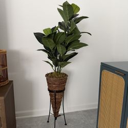 Tall Decorative Faux Plant w/ Woven Basket + Metal Stand