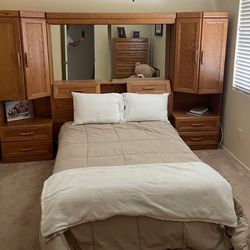 Queen Headboard Wall Unit with Storage, Cabinets & Mirror