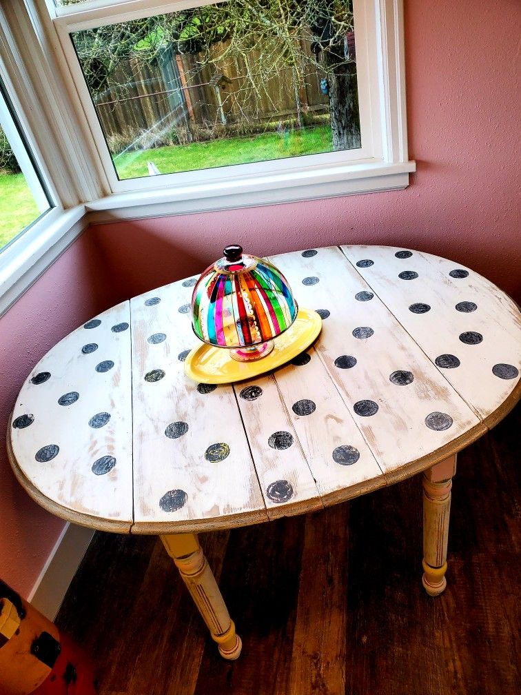 BEAUTIFUL ONE OF A KIND FARMHOUSE DROPLEAF DINNER/ BREAKFAST POLKA DOT TABLE BY PURE LOVE DECOR