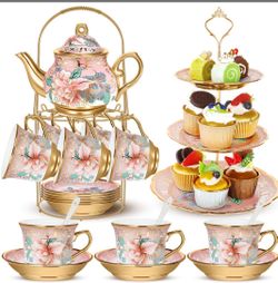 Suttmin 21pcs Porcelain Teapot Set With Metal Holder And Cupcake Stand Ceramic Tea Pot Cups Saucers Cupcake Tier Tower European Tea Set For Women Girl