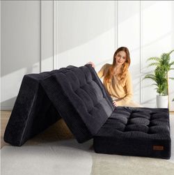 Tri-Fold Mattress, 6 Inch Tufted Folding Futon Foam Bed, Foldable Floor Mattress Guest Bed Futon Topper Portable Camping Sleeping with Corded Fabric,