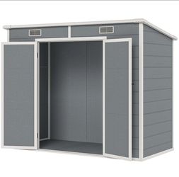 Outsunny 8' x 4' Plastic Outdoor Storage Shed with Floor, Window, Lockable Doors and Vents for Backyard Patio Lawn, Gray