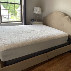 Tan upholstered queen bed frame, mattress, and spring box