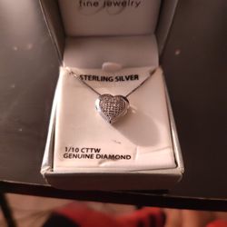 Sterling Silver Heart-shaped Necklace With Genuine Diamonds