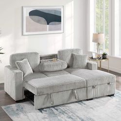 🚩 Convertible Sofa w/Pull-Out Bed, Light Gray, Jumbo Corduroy, New In Box.