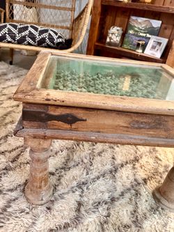 Heirloom Vintage Rustic Shadowbox Solid Wood Wrought Iron End Side Table