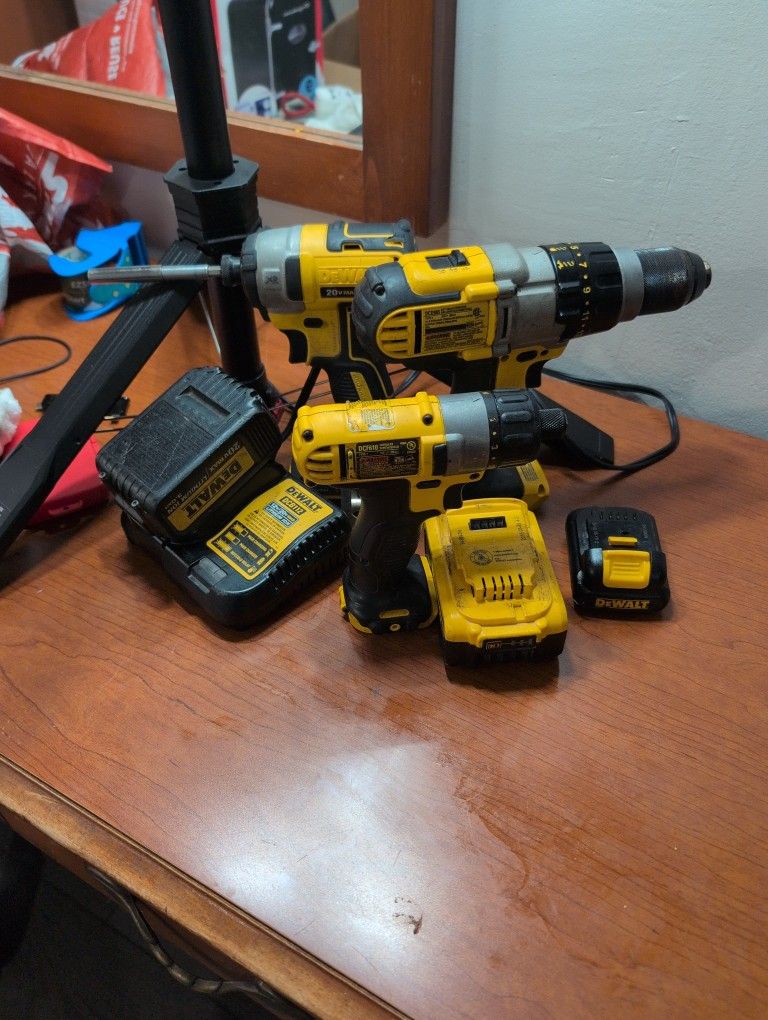 3 DeWalt Drills 2 Impact One Hammer Drill 3 Batteries 20 Volt Max