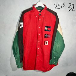 Vintage Tommy Hilfiger, color block, patchwork, ski button up long sleeve shirt large