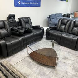 Black Leather Dual Power Recliner Sofa & Loveseat With Drop Down Console 