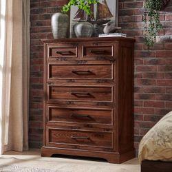 6 Drawer Dresser, Farmhouse Chest of Drawers for Bedroom, 44" Tall Dresser with Large Metal Handles, Wood Drawer Organizer for Living Room,