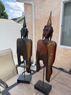 Pair of Carved Wood Buddha Sculptures on Stands