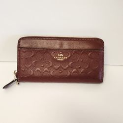 COACH ACCORDION WALLET In Signature LOGO Burgundy CALF LEATHER ZIP AROUND WALLET