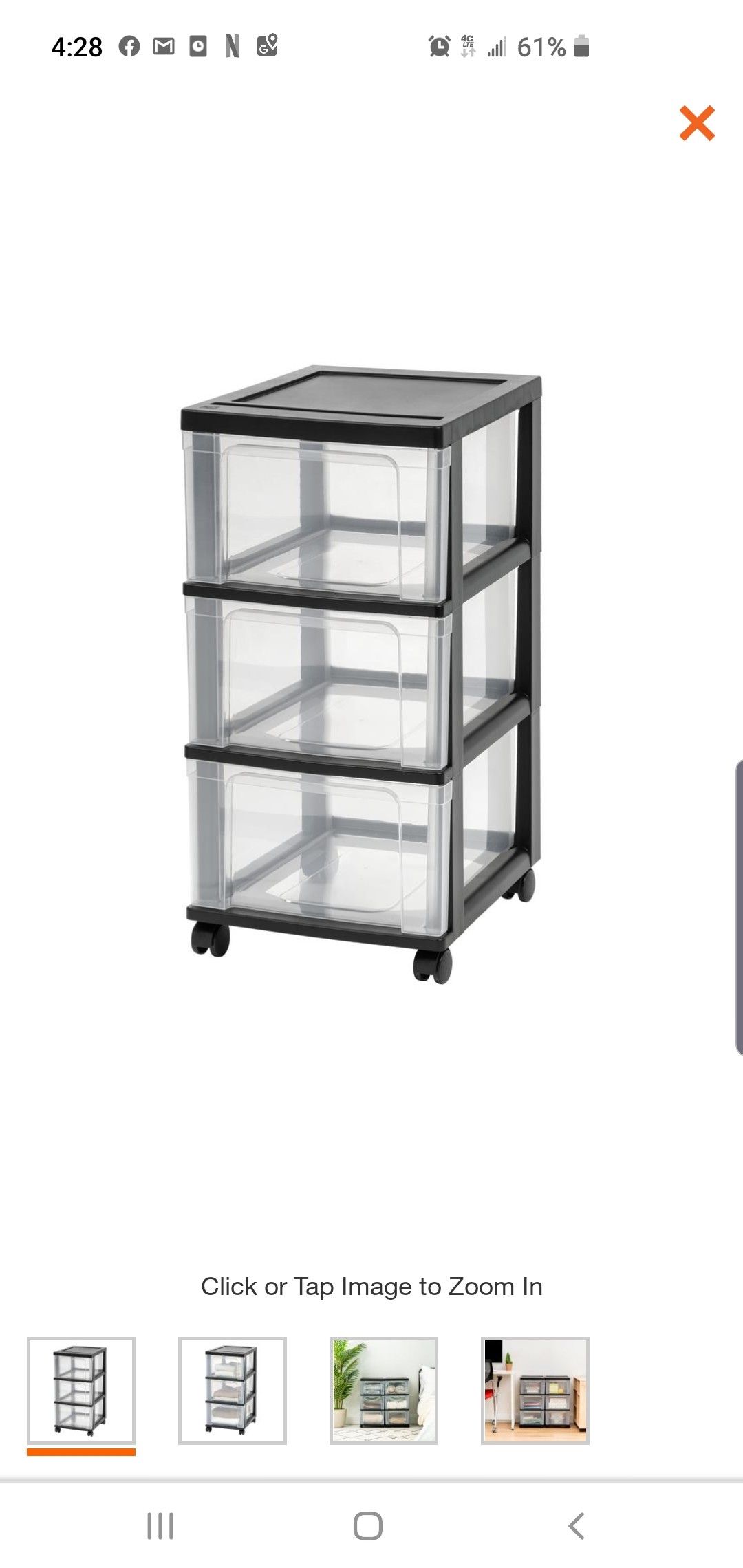 3- Drawer Plastic Wheeled Storage Cart Black