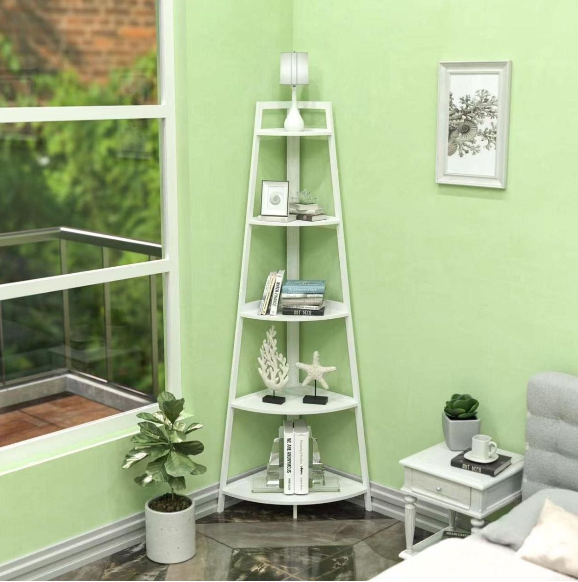 Upgraded Corner Shelf, 70 Inch Tall Bamboo Corner Bookshelf Stand, 5 Tier Bookshelf, Modern Bookcase, Open Ladder Book Case in Living Room, Bedroom, O