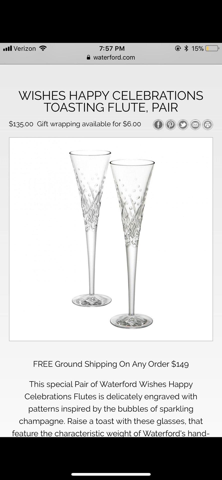 Brand NEW Wishes Toasting Happy Celebrations Flute, Pair. Perfect for a Wedding Gift! Selling online for $135!