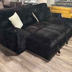 Venice Corduroy Storage Sleeper Sectional w/ Dual Cupholders & USB Ports