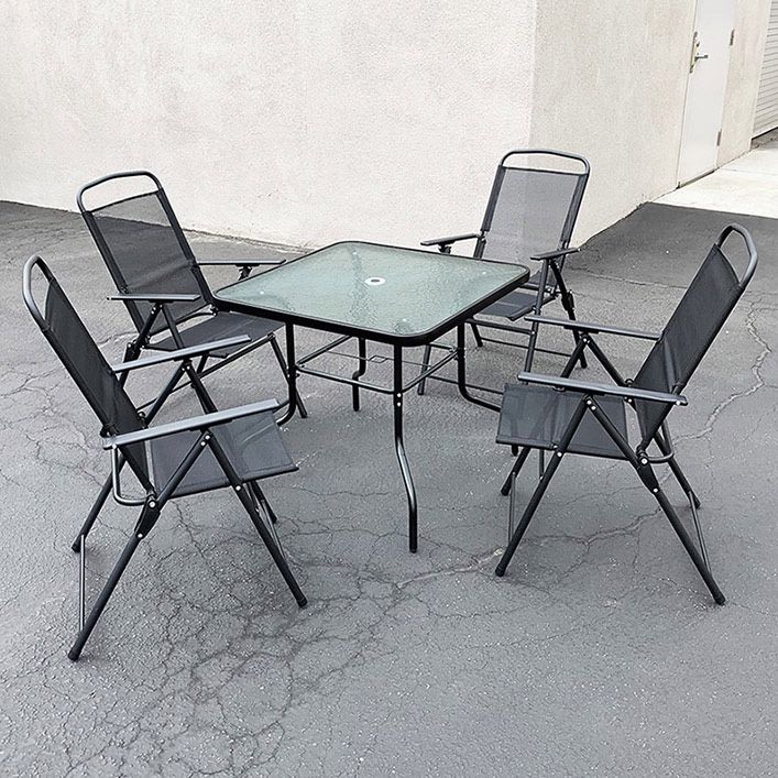 Nuu Garden Gray 5-Piece Patio Dining Set with Iron Table Top  (NEW) $100 Patio 5pcs Dining Set with 32x32” Table and 4pc Folding Chairs, Outdoor Furniture 