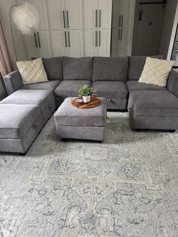 Gray U-Shaped Sectional Sofa with Ottoman