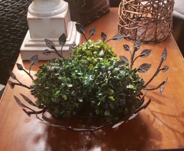 Metal Bowl With Leave Theme..with Three 5 Inch  Boxwood Balls