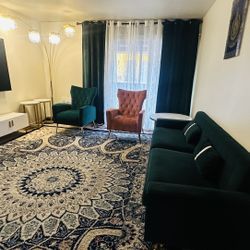 Sofa, Loveseat ,Two Single Chair With Some Color Curtain And 3/4m Rugs    !   