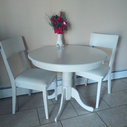 Linen White Pedestal Table with Two Chairs