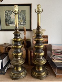  Vintage Stiffel Triple Brass Ball solid brass Table Lamp works perfectly – – No Shade Very Rare (Pair) 2 Lamp