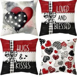 Valentine'S Day Pillow Covers 18X18 Set of 4 Hugs and Kisses Valentines Day Deco