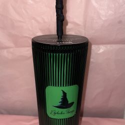 Starbucks Wicked 24oz Elphaba Tumbler Emerald Green w/ Broom Topper Glow In Dark