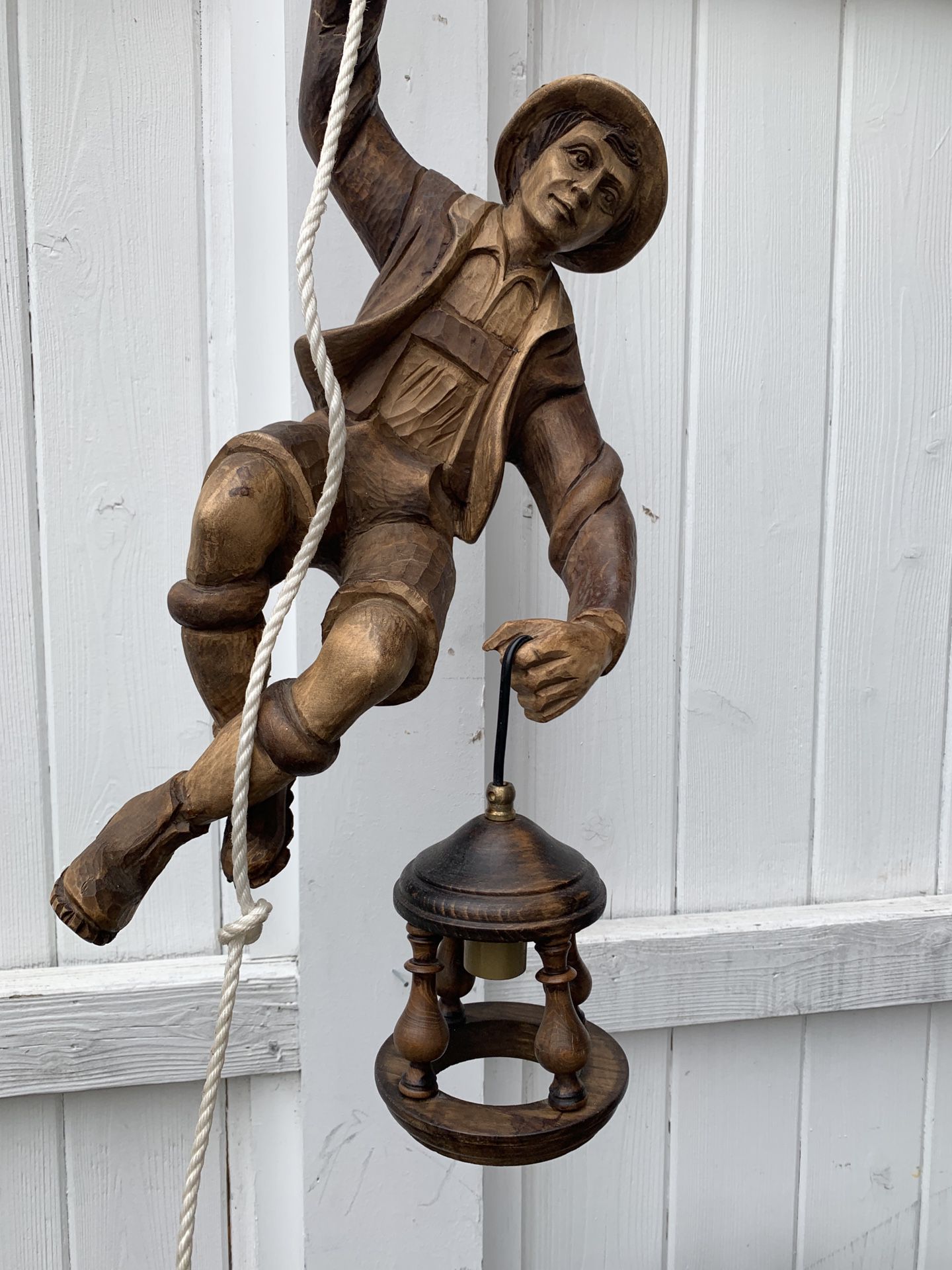Vintage German Carved Wooden Mountain Climber with Hanging Light Fixture