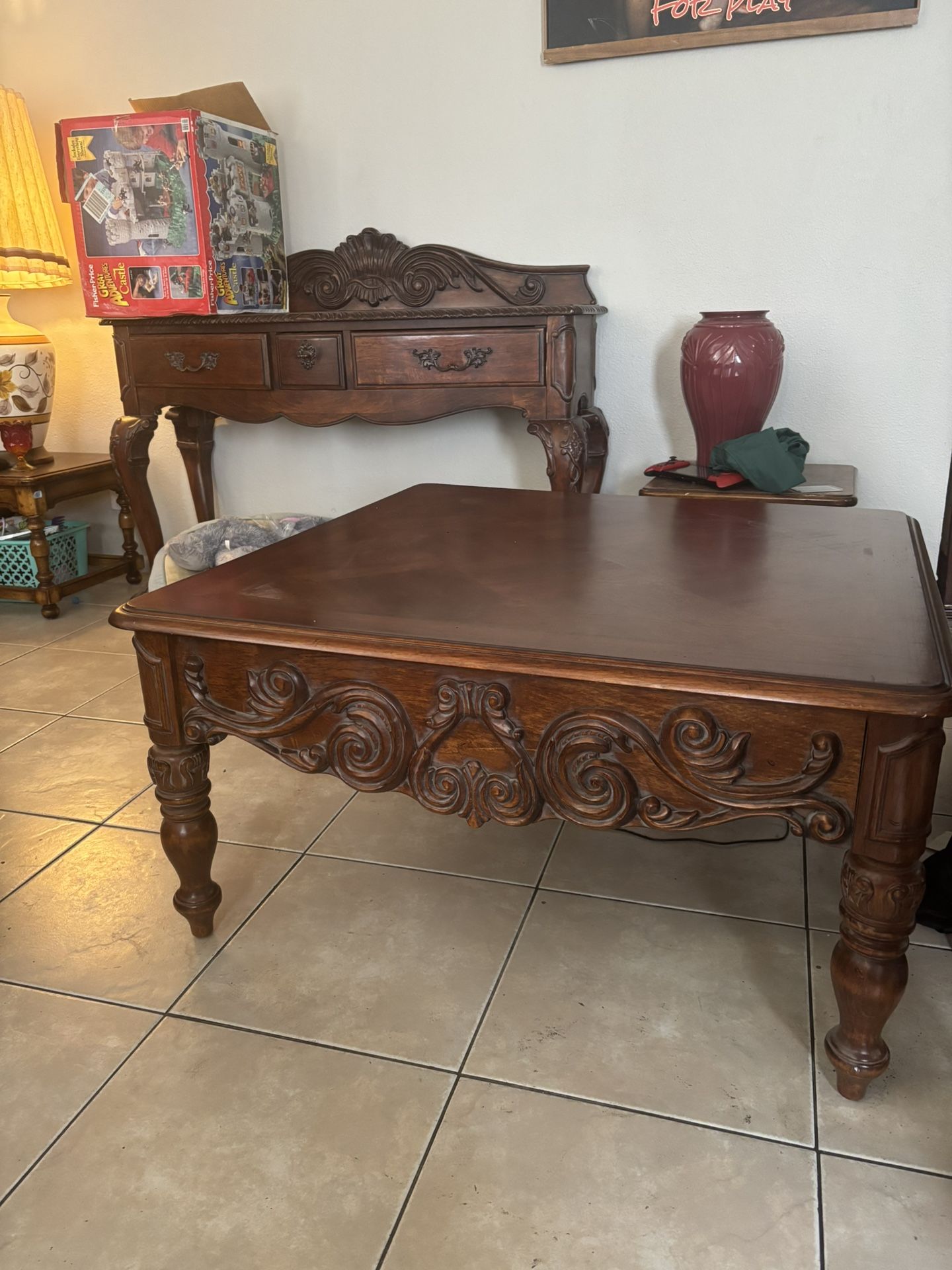 Square Coffee Table And Curved Front Tall Buffet Sideboard Console Set 